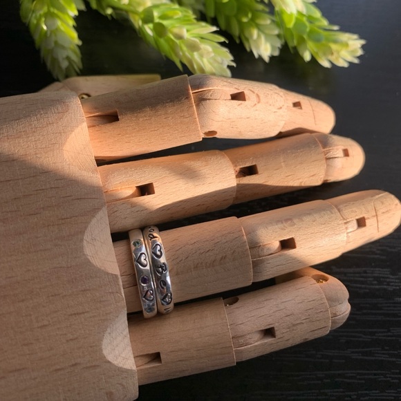 Sterling Stacking Ring Set Handstamped Hearts Topaz Amethyst Peridot Ban… - Picture 4 of 11